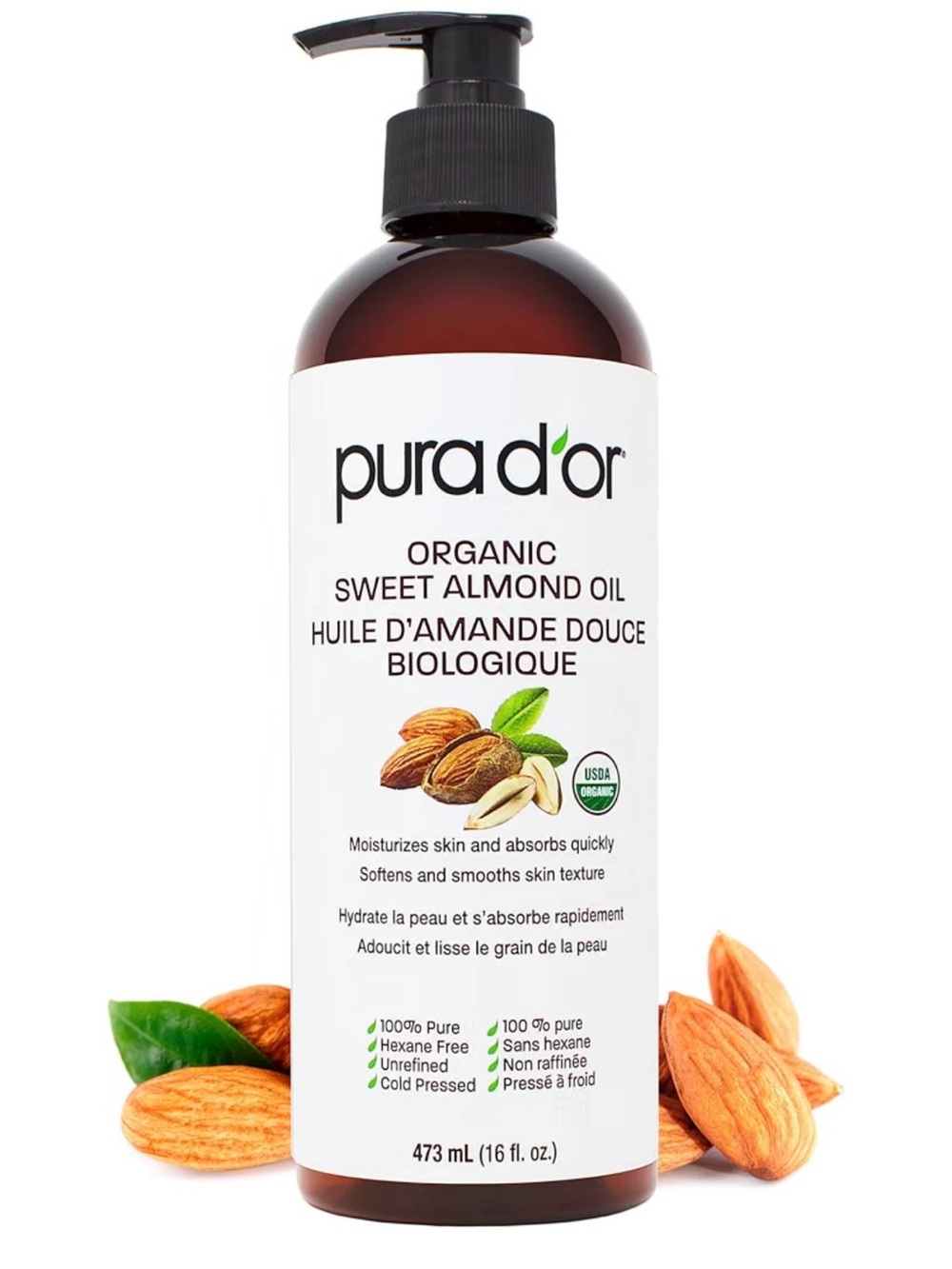 PURA D'OR Organic Sweet Almond Oil / 473ml